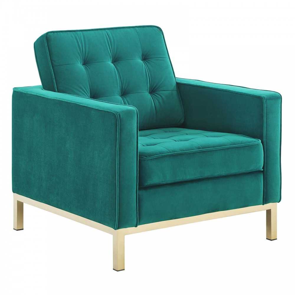Loft Gold Stainless Steel Leg Performance Velvet Sofa and Armchair Set, Gold Teal