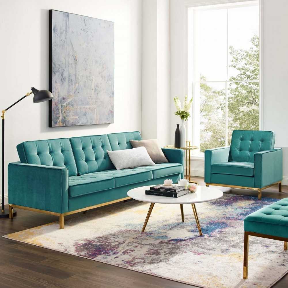 Loft Gold Stainless Steel Leg Performance Velvet Sofa and Armchair Set, Gold Teal