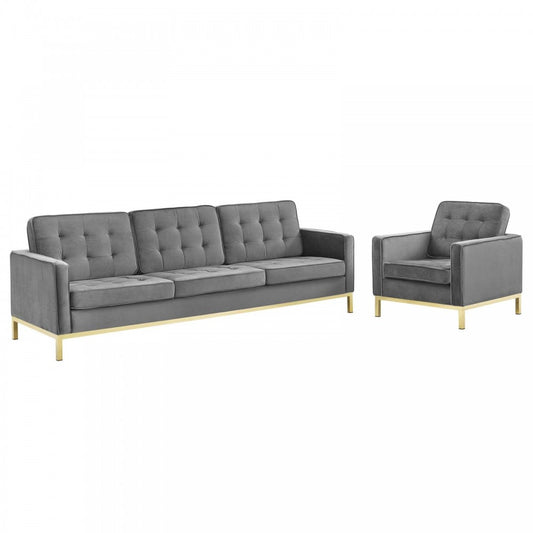 Loft Gold Stainless Steel Leg Performance Velvet Sofa and Armchair Set, Gold Gray