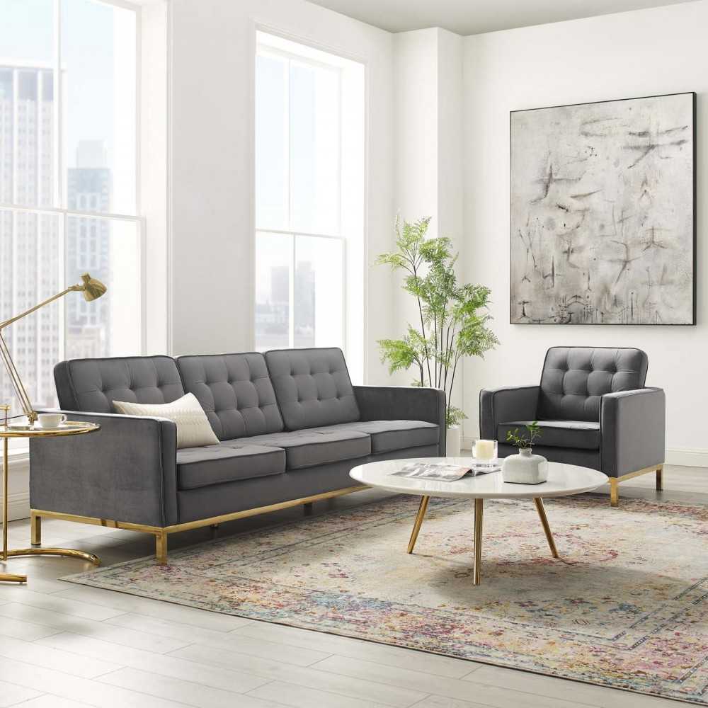 Loft Gold Stainless Steel Leg Performance Velvet Sofa and Armchair Set, Gold Gray
