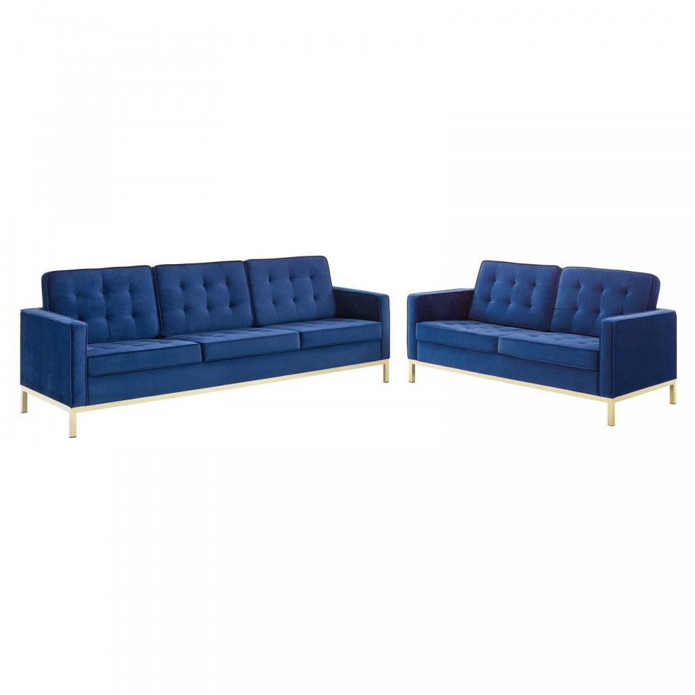Loft Gold Stainless Steel Leg Performance Velvet Sofa and Loveseat Set, Gold Navy