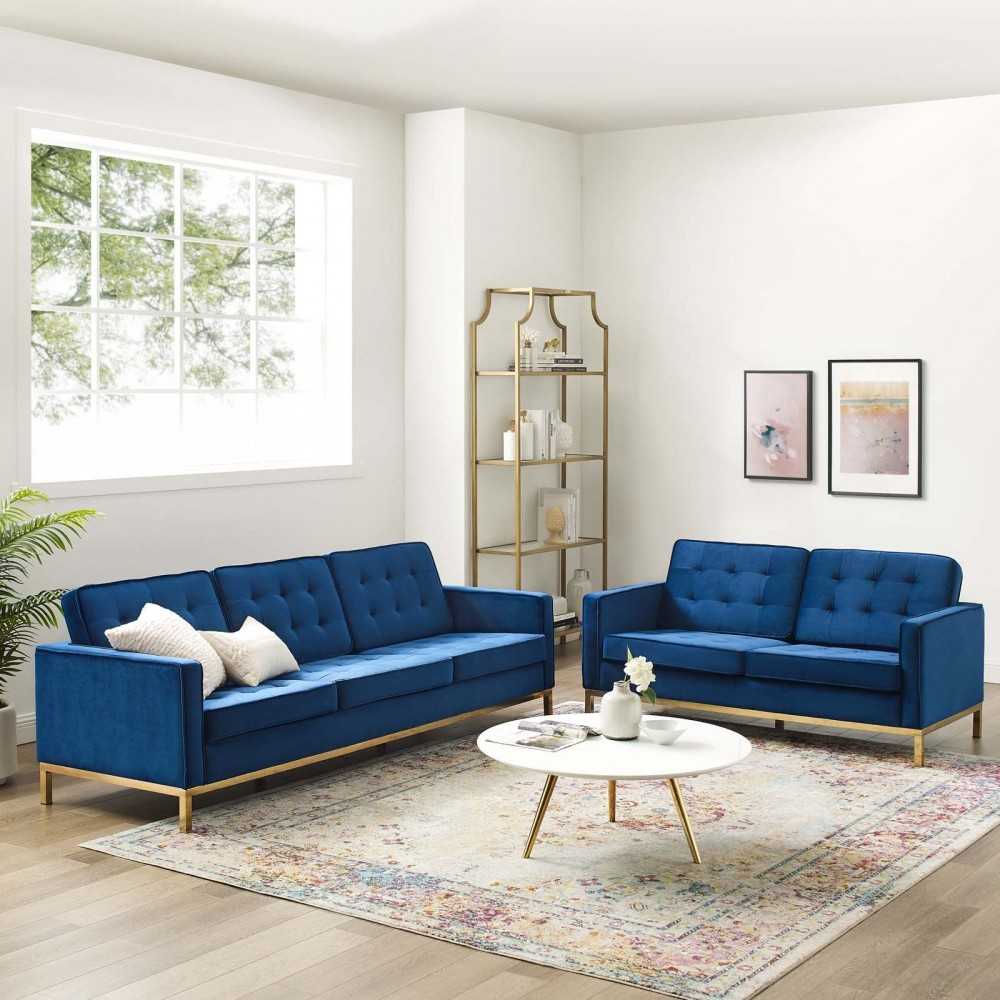 Loft Gold Stainless Steel Leg Performance Velvet Sofa and Loveseat Set, Gold Navy