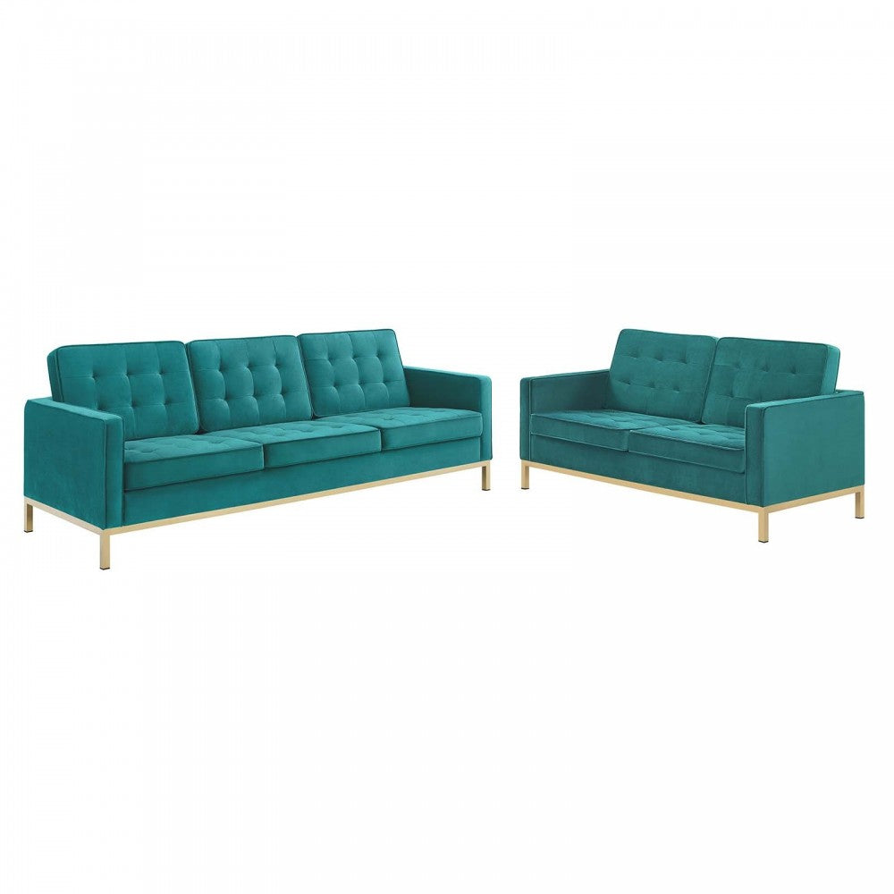 Loft Gold Stainless Steel Leg Performance Velvet Sofa and Loveseat Set, Gold Teal