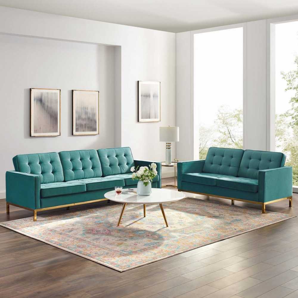Loft Gold Stainless Steel Leg Performance Velvet Sofa and Loveseat Set, Gold Teal