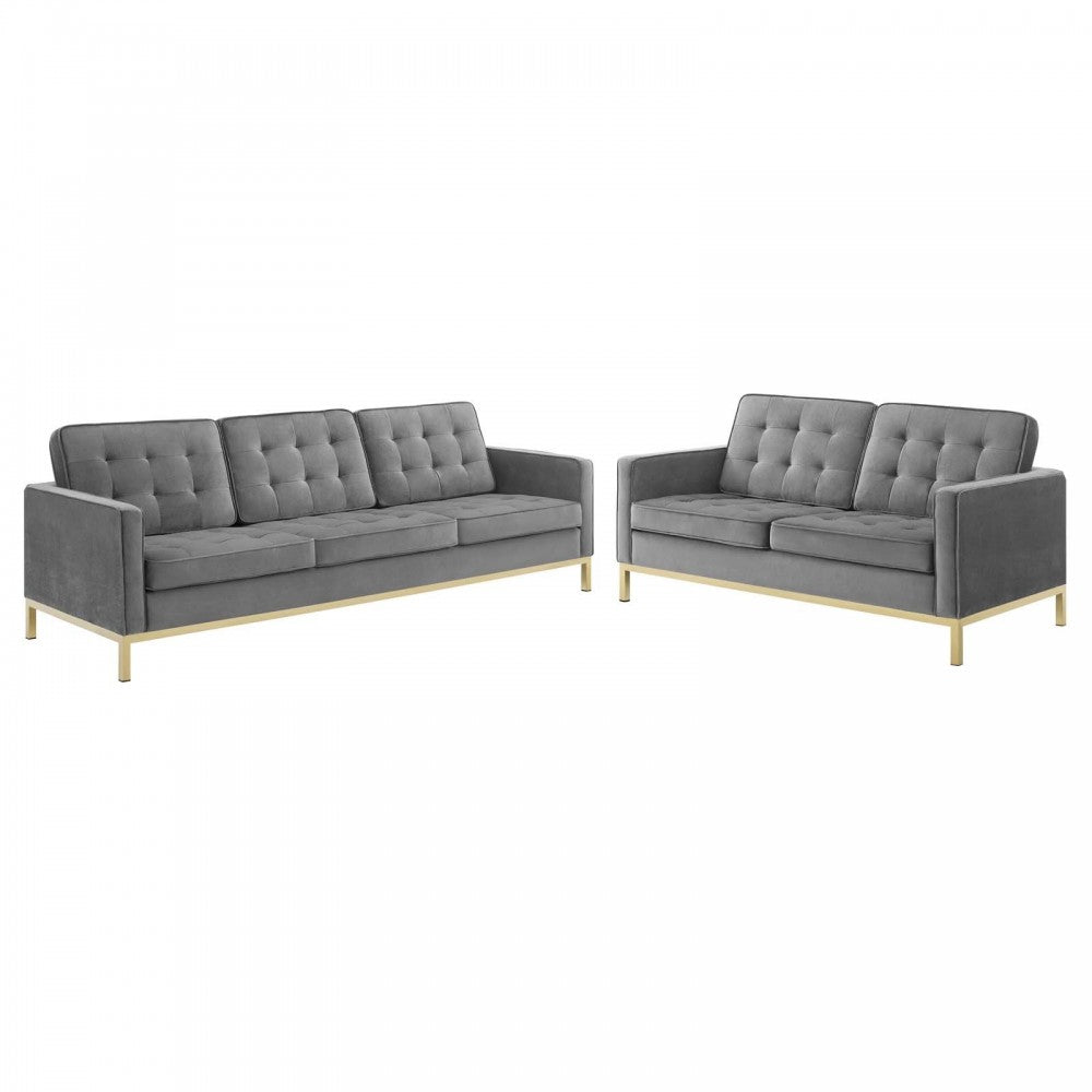 Loft Gold Stainless Steel Leg Performance Velvet Sofa and Loveseat Set, Gold Gray