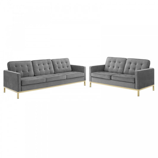 Loft Gold Stainless Steel Leg Performance Velvet Sofa and Loveseat Set, Gold Gray