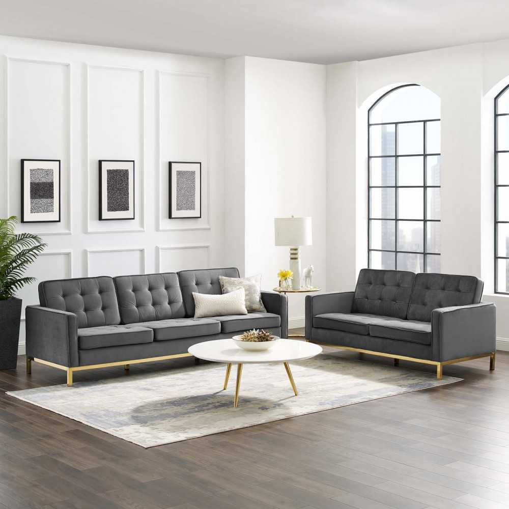 Loft Gold Stainless Steel Leg Performance Velvet Sofa and Loveseat Set, Gold Gray