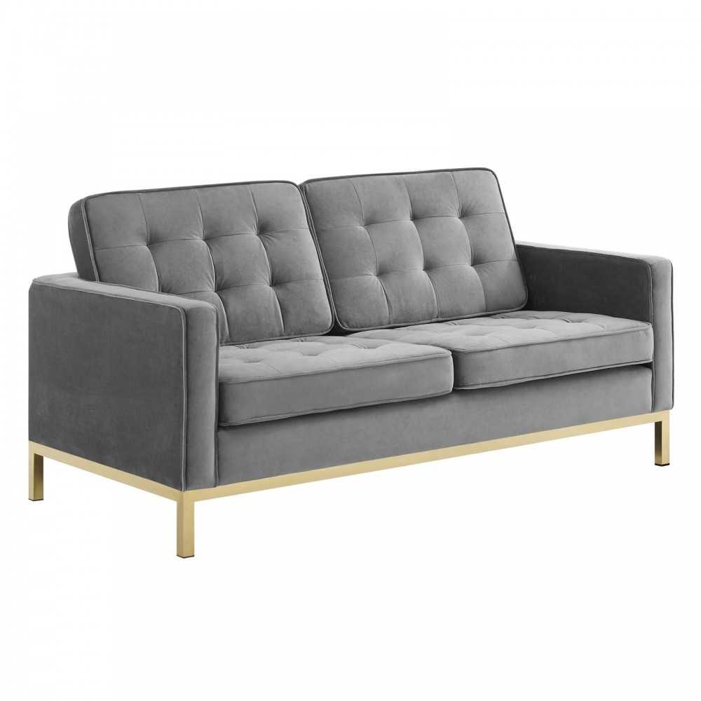 Loft Gold Stainless Steel Leg Performance Velvet Sofa and Loveseat Set, Gold Gray