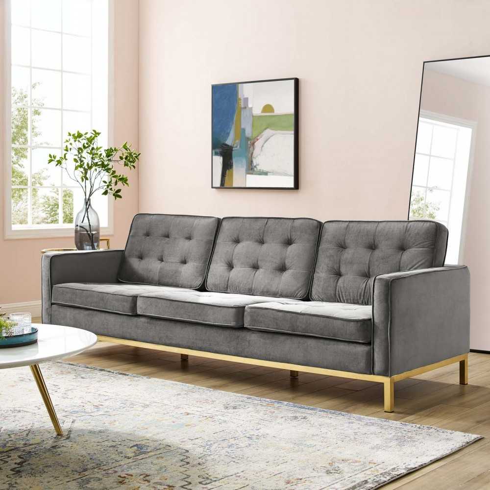 Loft Gold Stainless Steel Leg Performance Velvet Sofa, Gold Gray