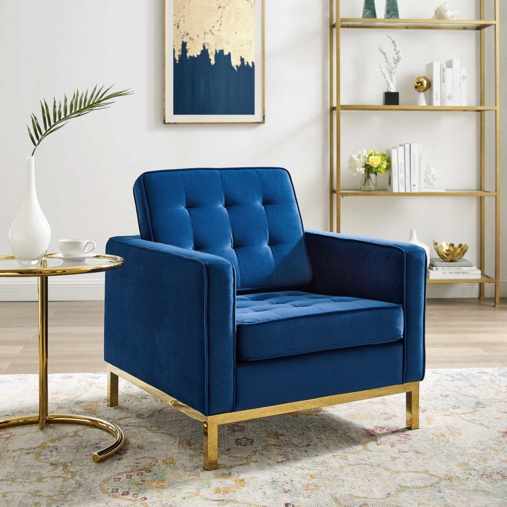 Loft Gold Stainless Steel Performance Velvet Armchair, Gold Navy