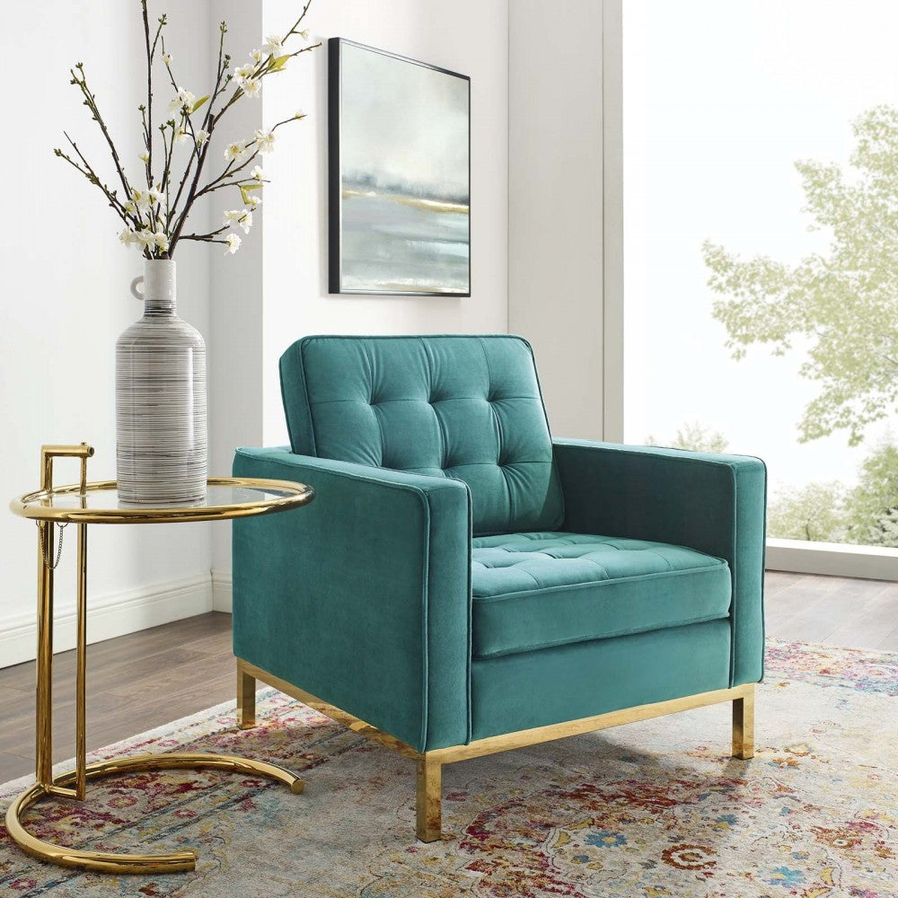 Loft Gold Stainless Steel Performance Velvet Armchair, Gold Teal