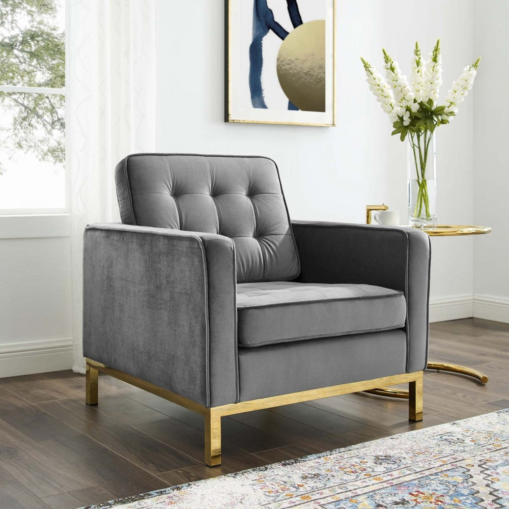 Loft Gold Stainless Steel Performance Velvet Armchair, Gold Gray