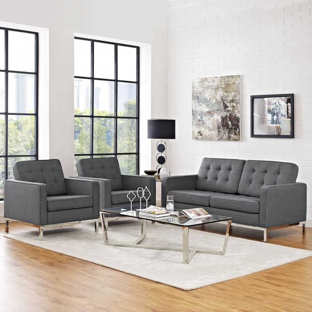 Loft Living Room Set Upholstered Fabric Set of 3, Gray