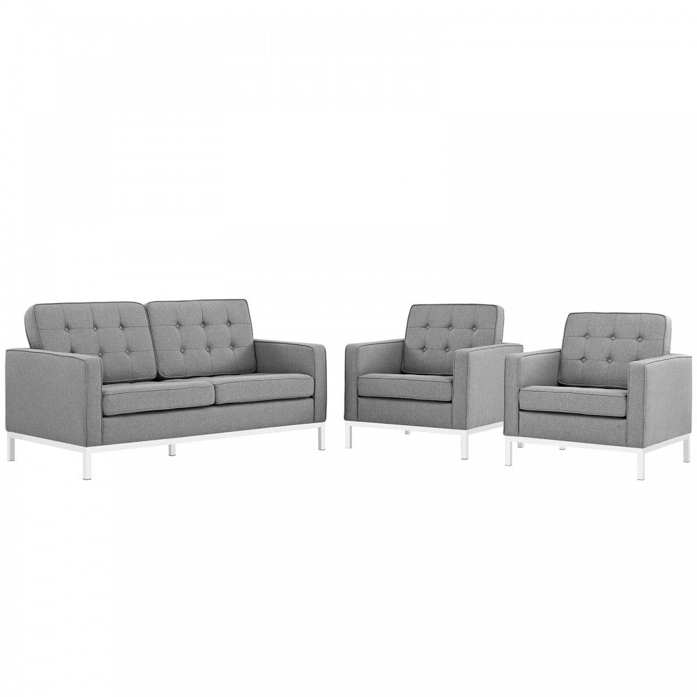 Loft Living Room Set Upholstered Fabric Set of 3, Light Gray