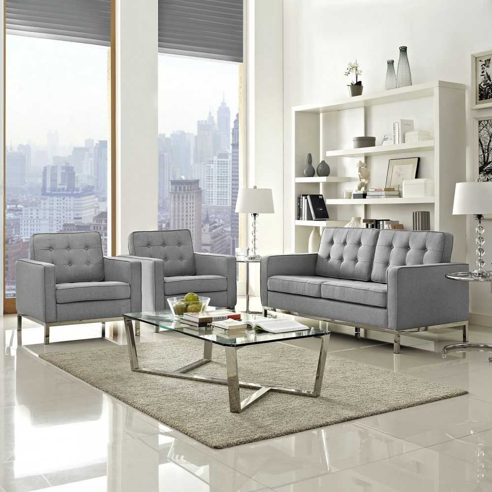 Loft Living Room Set Upholstered Fabric Set of 3, Light Gray