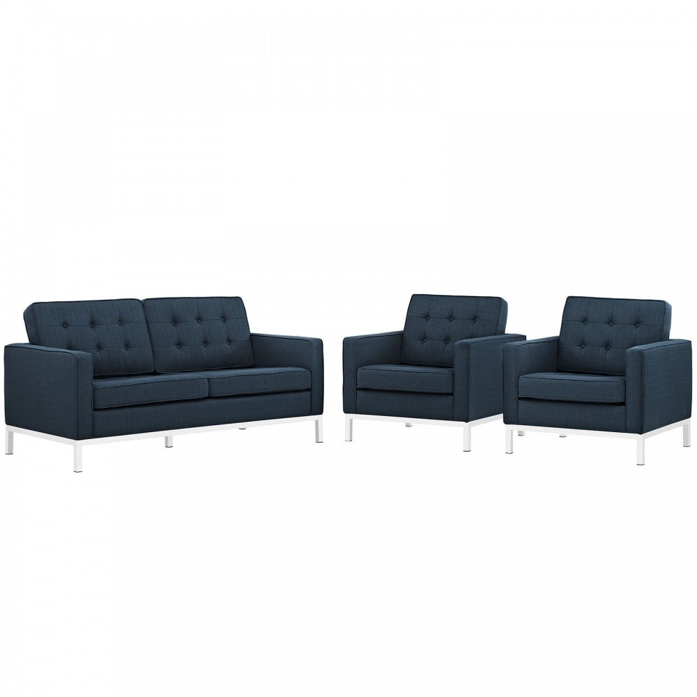 Loft Living Room Set Upholstered Fabric Set of 3, Azure