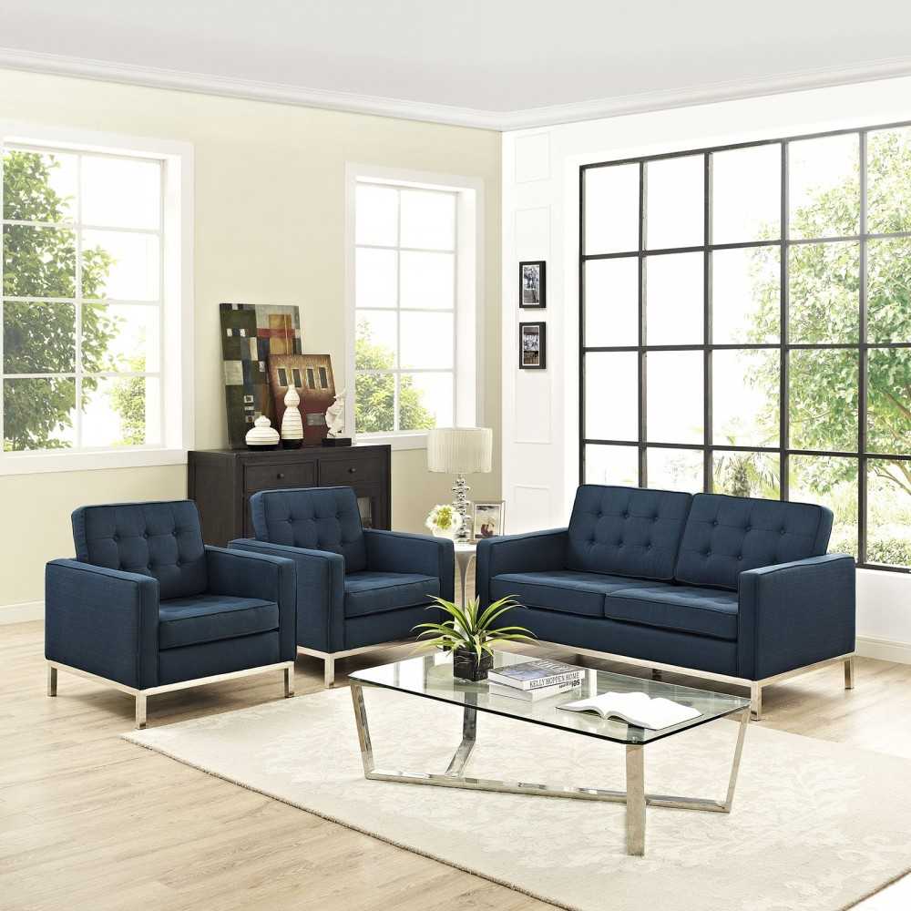Loft Living Room Set Upholstered Fabric Set of 3, Azure