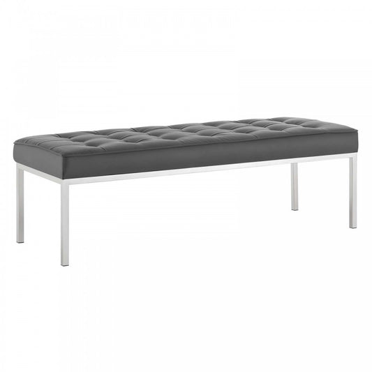 Loft Tufted Large Upholstered Faux Leather Bench, Silver Gray