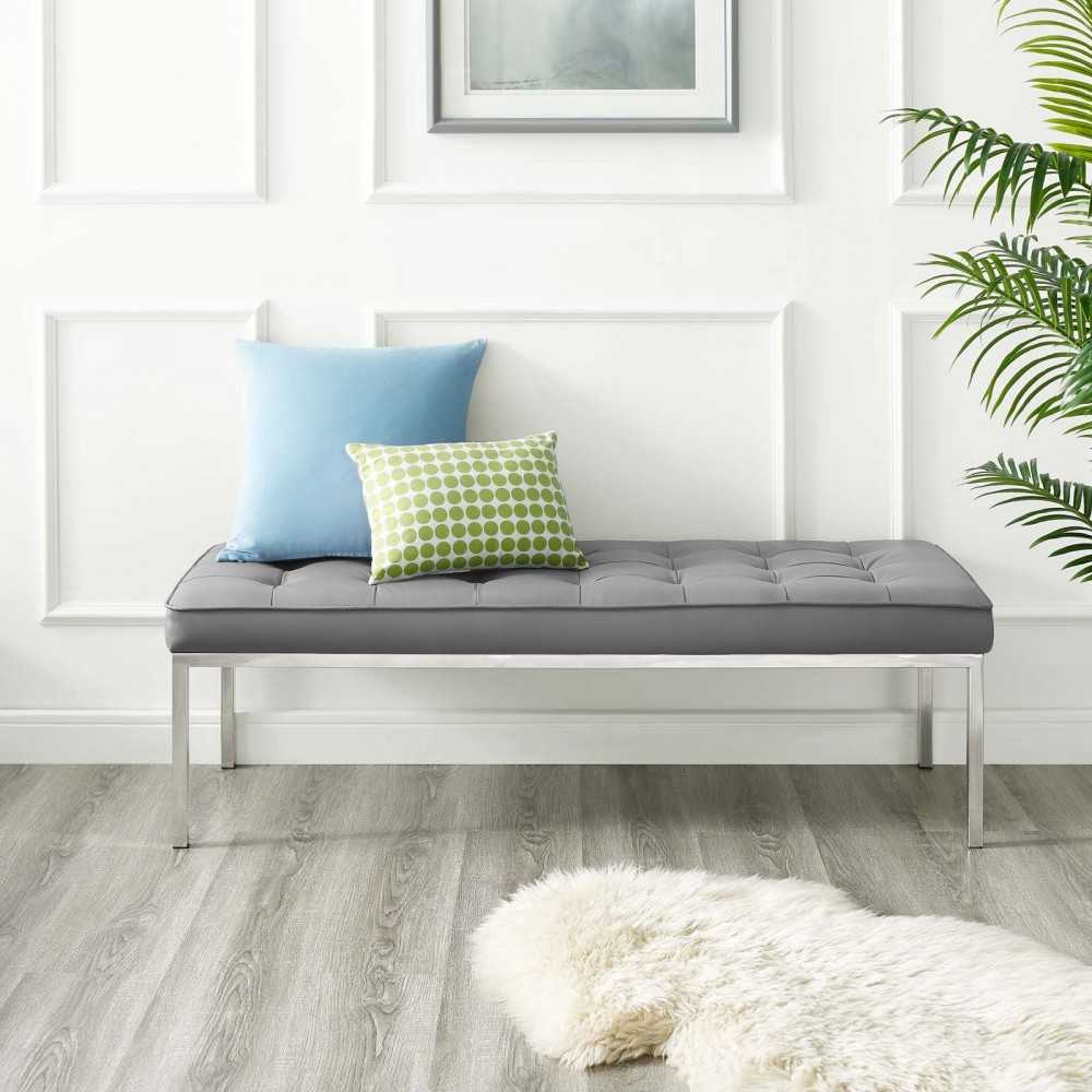 Loft Tufted Large Upholstered Faux Leather Bench, Silver Gray