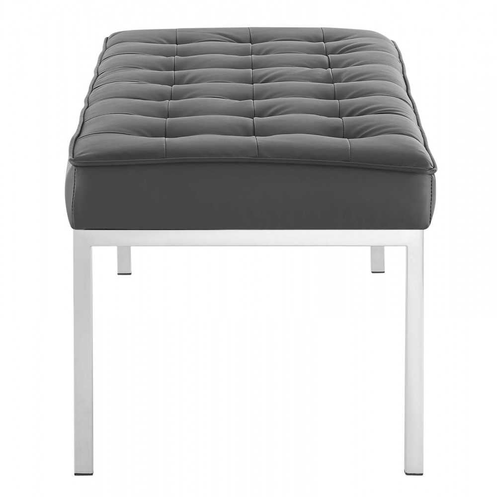 Loft Tufted Large Upholstered Faux Leather Bench, Silver Gray