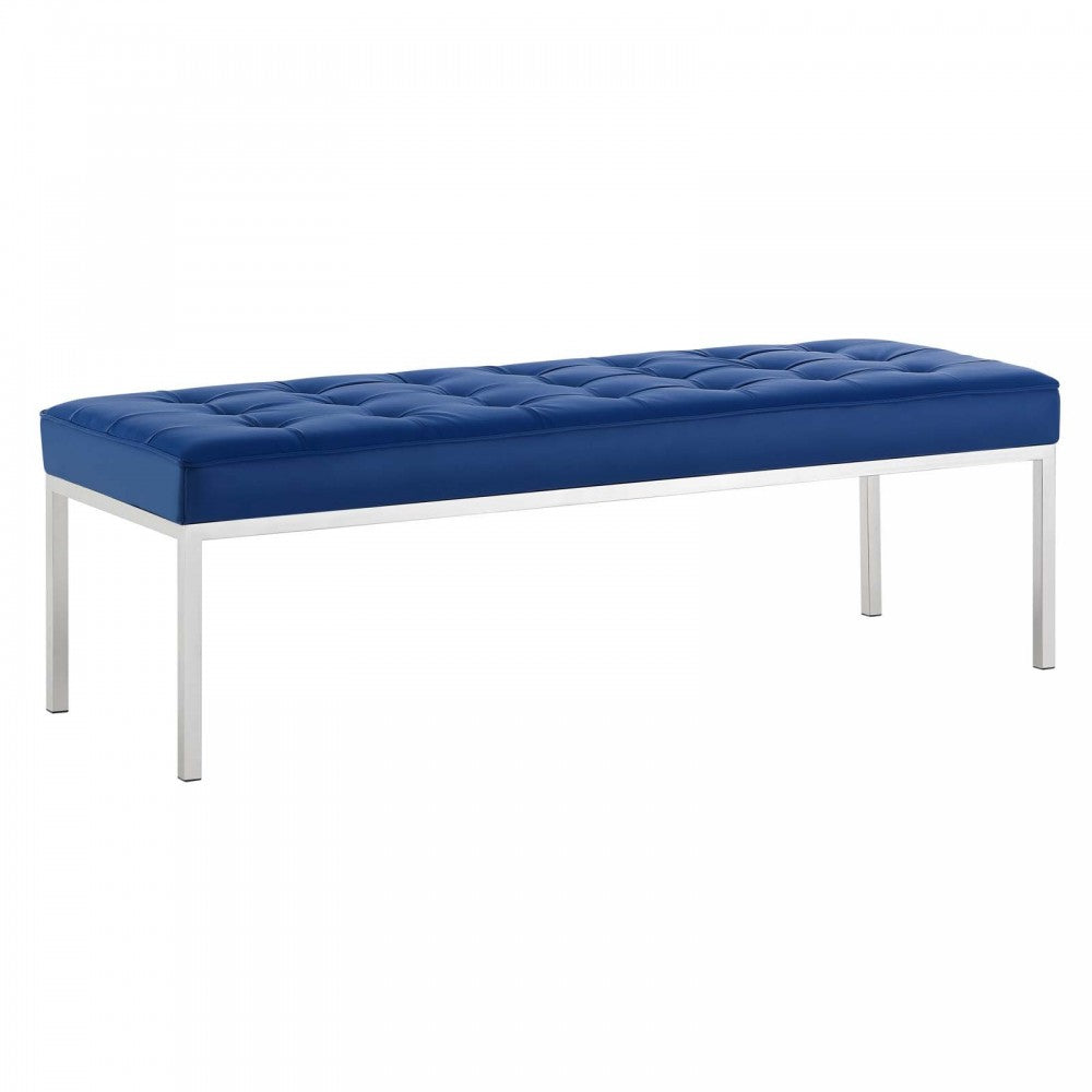 Loft Tufted Large Upholstered Faux Leather Bench, Silver Navy