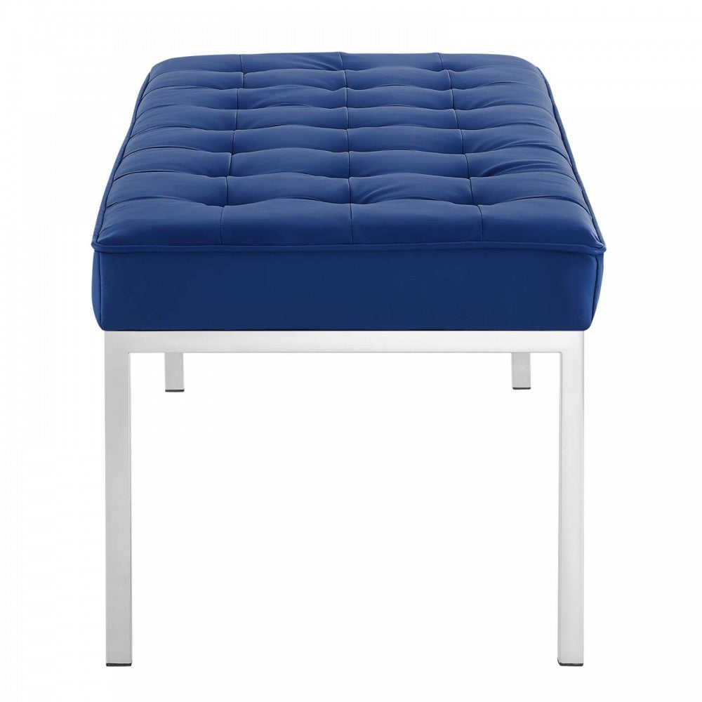 Loft Tufted Large Upholstered Faux Leather Bench, Silver Navy