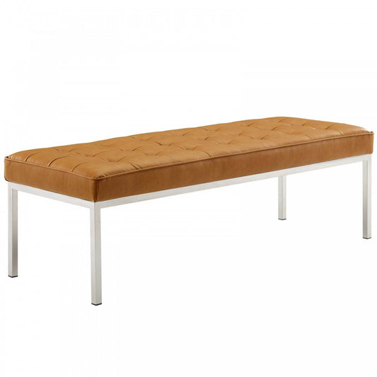 Loft Tufted Large Upholstered Faux Leather Bench, Silver Tan