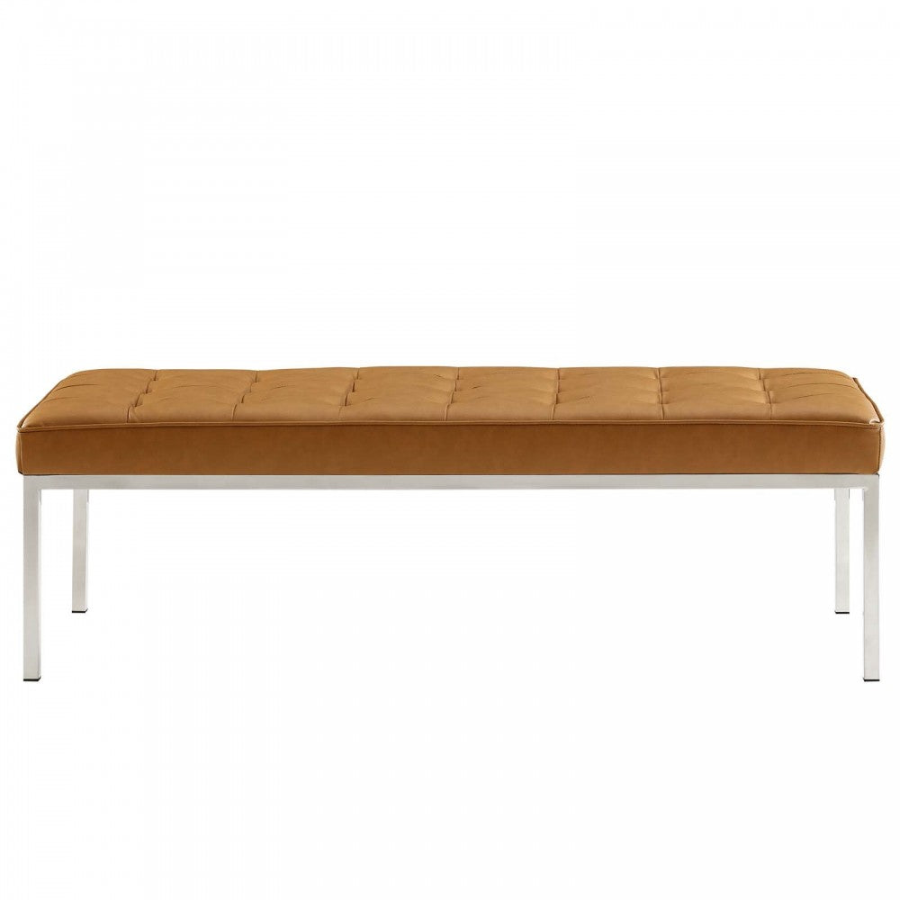 Loft Tufted Large Upholstered Faux Leather Bench, Silver Tan