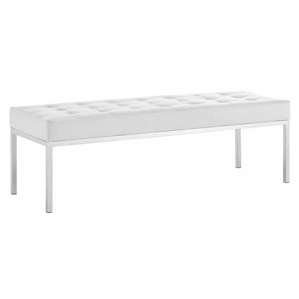 Loft Tufted Large Upholstered Faux Leather Bench, Silver White