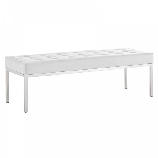 Loft Tufted Large Upholstered Faux Leather Bench, Silver White