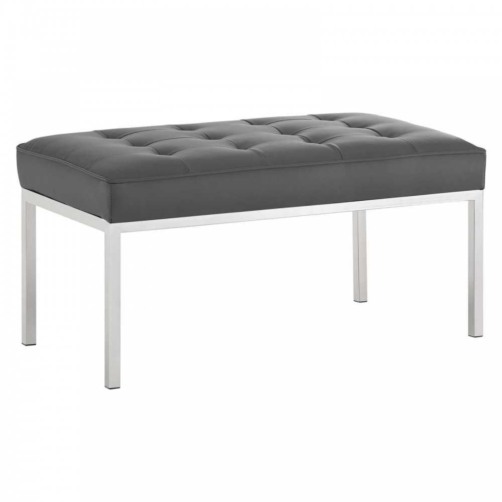 Loft Tufted Medium Upholstered Faux Leather Bench, Silver Gray