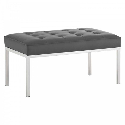 Loft Tufted Medium Upholstered Faux Leather Bench, Silver Gray