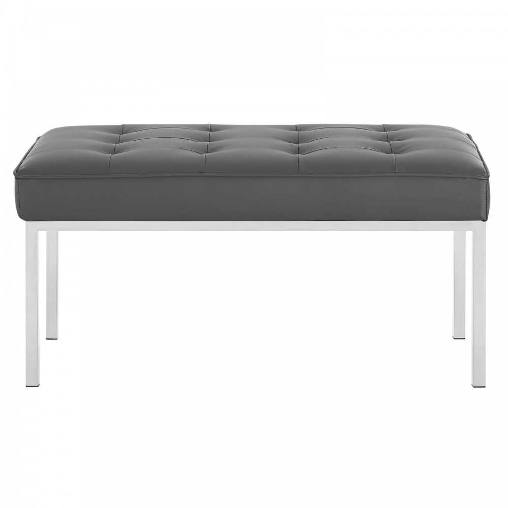 Loft Tufted Medium Upholstered Faux Leather Bench, Silver Gray