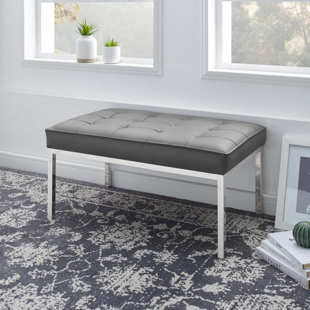 Loft Tufted Medium Upholstered Faux Leather Bench, Silver Gray