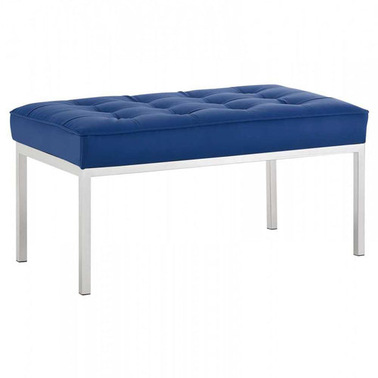 Loft Tufted Medium Upholstered Faux Leather Bench, Silver Navy