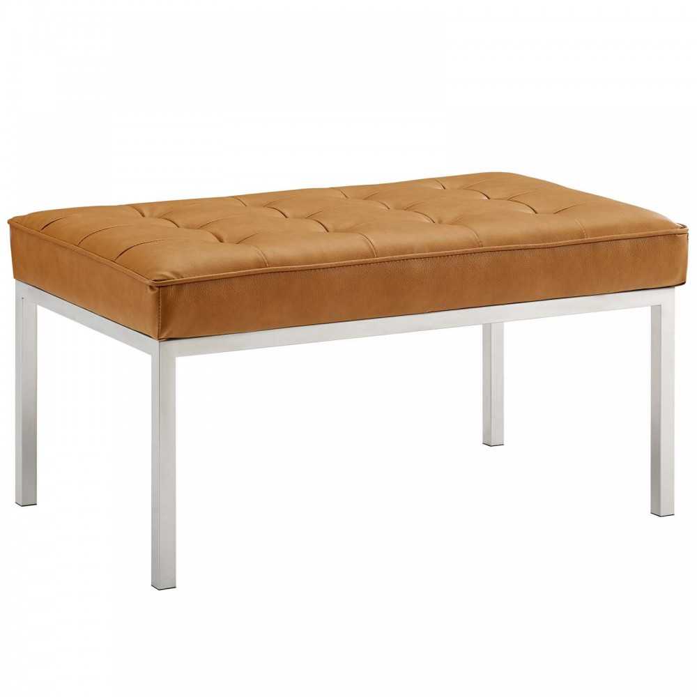Loft Tufted Medium Upholstered Faux Leather Bench, Silver Tan