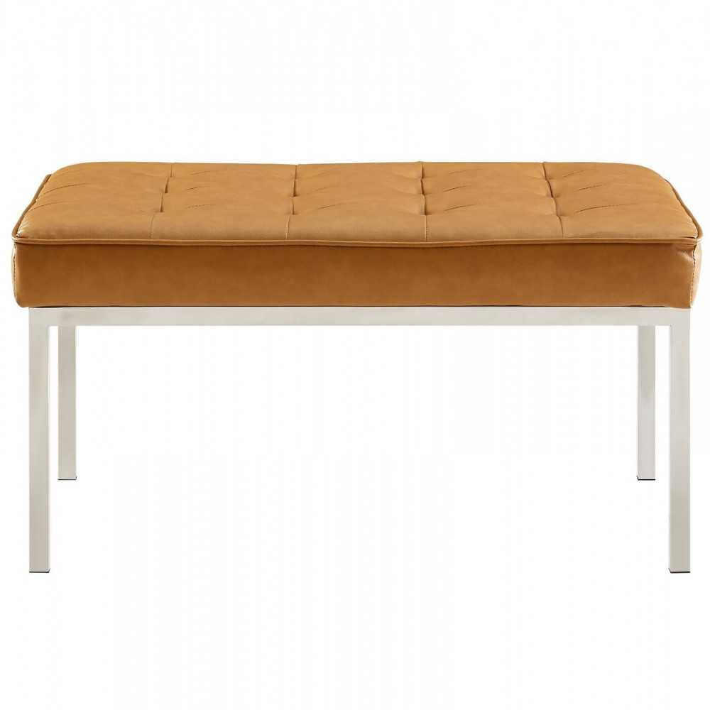 Loft Tufted Medium Upholstered Faux Leather Bench, Silver Tan