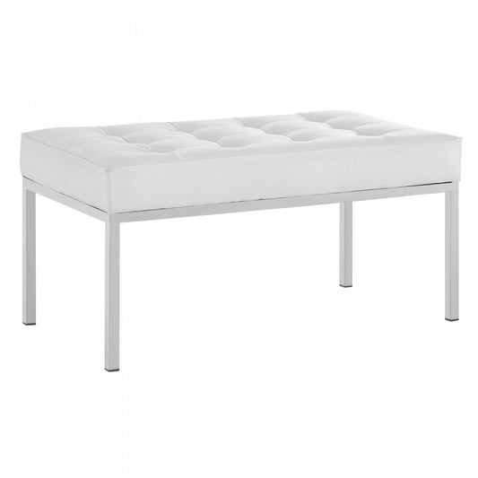 Loft Tufted Medium Upholstered Faux Leather Bench, Silver White
