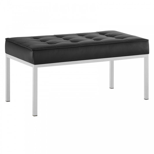 Loft Tufted Medium Upholstered Faux Leather Bench, Silver Black