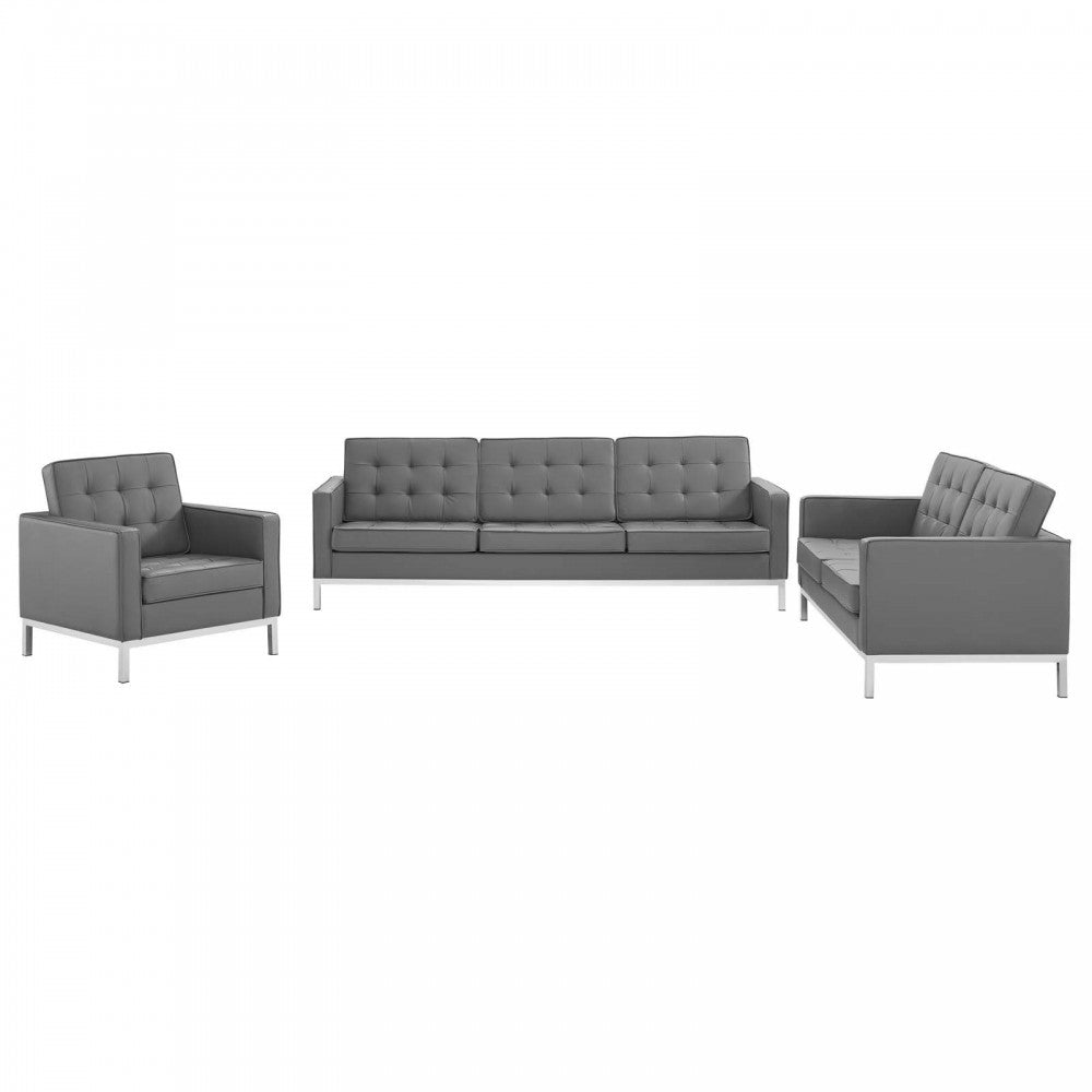 Loft Tufted Upholstered Faux Leather 3 Piece Set, Silver Gray