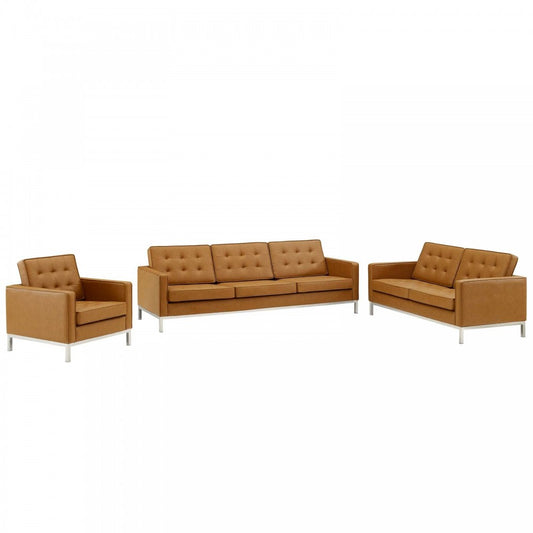 Loft Tufted Upholstered Faux Leather 3 Piece Set, Silver Tan