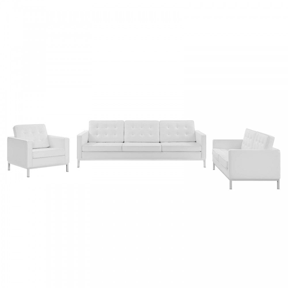 Loft Tufted Upholstered Faux Leather 3 Piece Set, Silver White