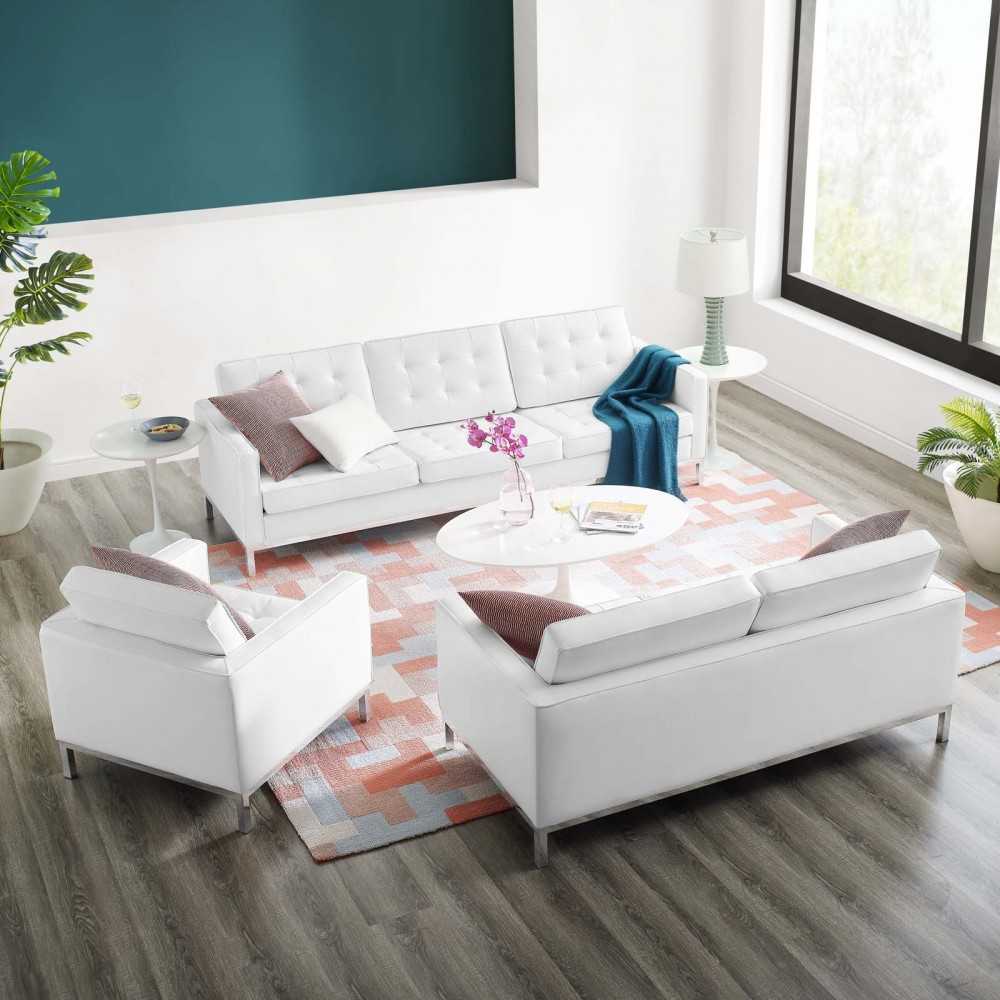 Loft Tufted Upholstered Faux Leather 3 Piece Set, Silver White