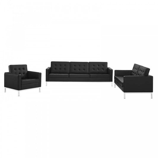 Loft Tufted Upholstered Faux Leather 3 Piece Set, Silver Black