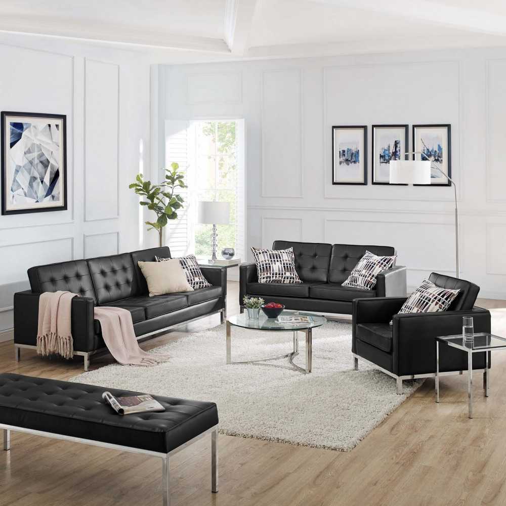 Loft Tufted Upholstered Faux Leather 3 Piece Set, Silver Black