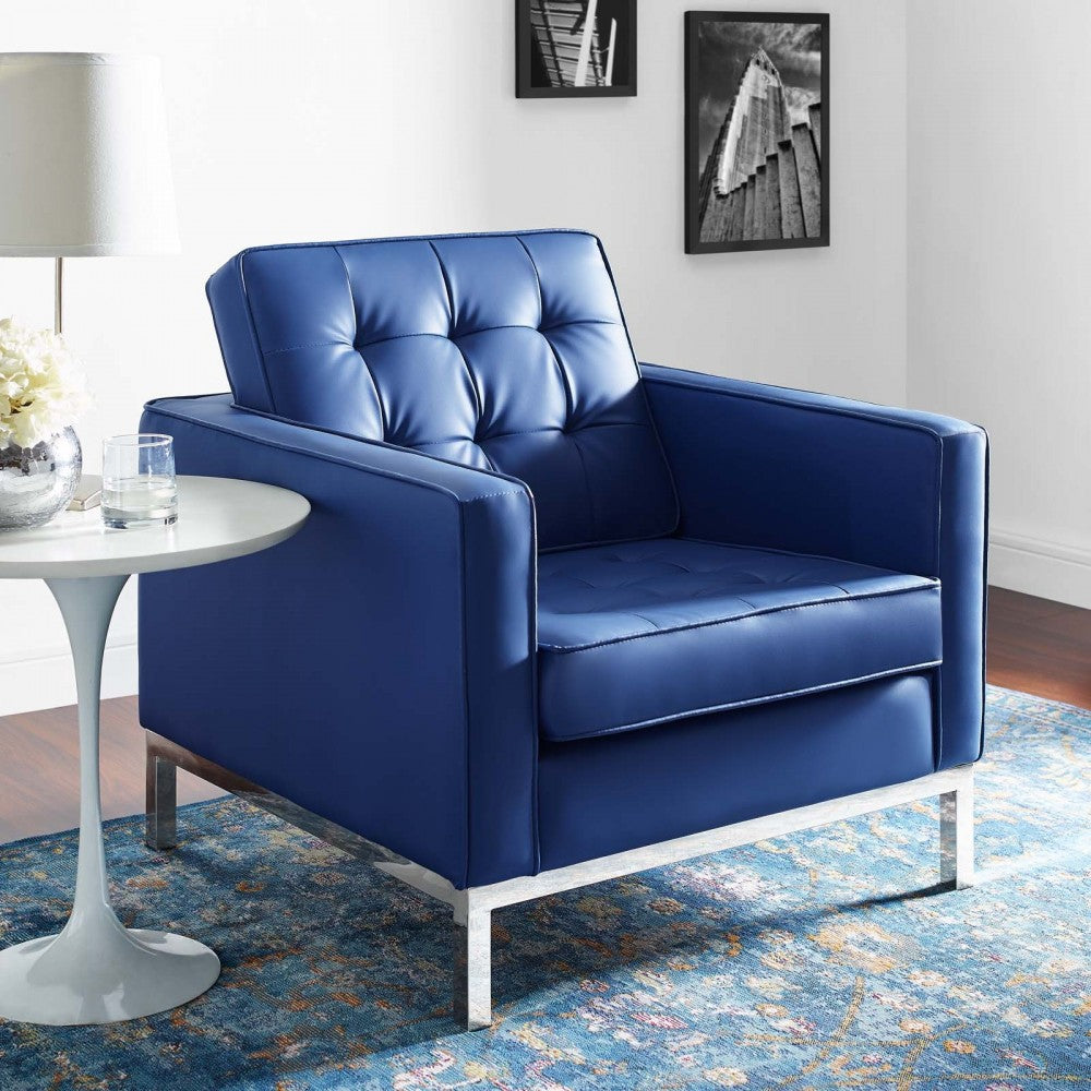 Loft Tufted Upholstered Faux Leather Armchair, Silver Navy