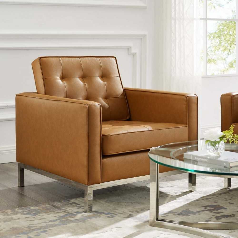 Loft Tufted Upholstered Faux Leather Armchair, Silver Tan