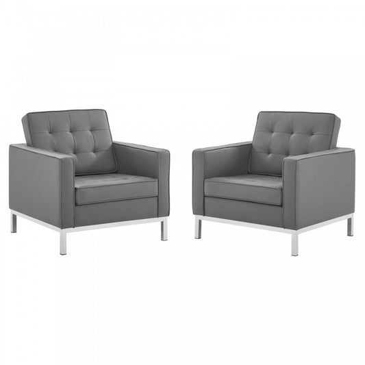 Loft Tufted Upholstered Faux Leather Armchair Set of 2, Silver Gray