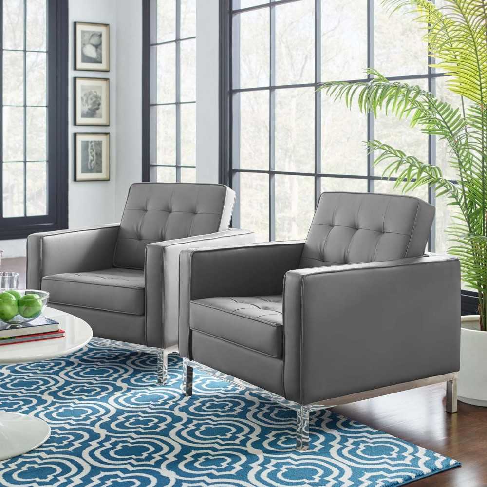 Loft Tufted Upholstered Faux Leather Armchair Set of 2, Silver Gray