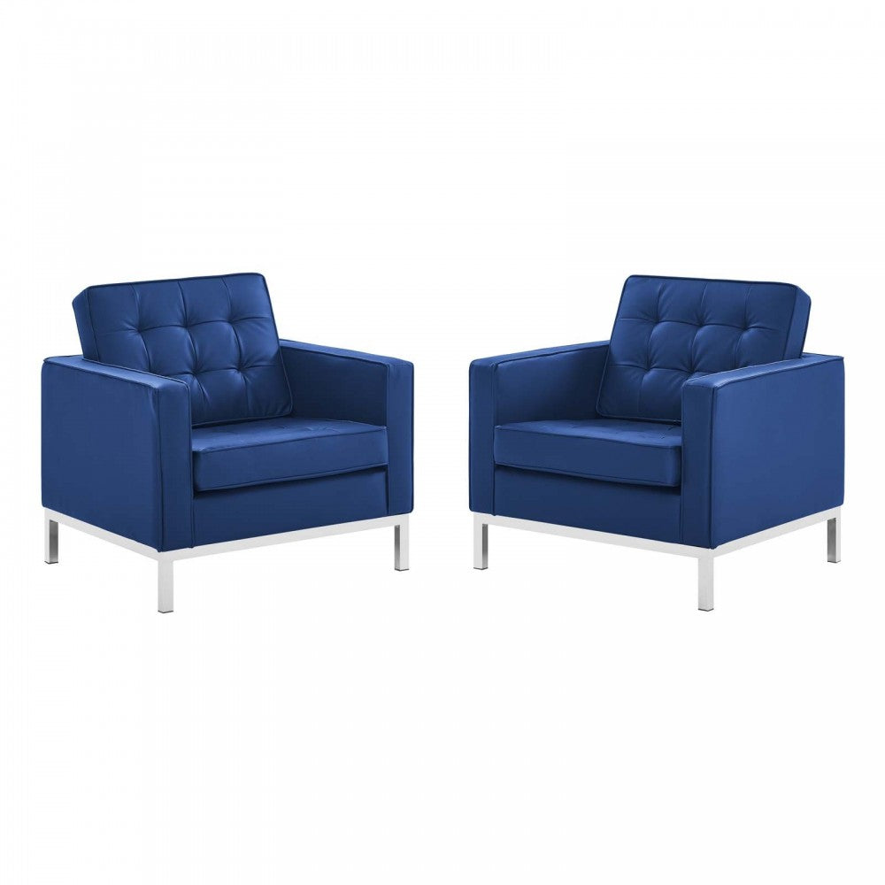 Loft Tufted Upholstered Faux Leather Armchair Set of 2, Silver Navy